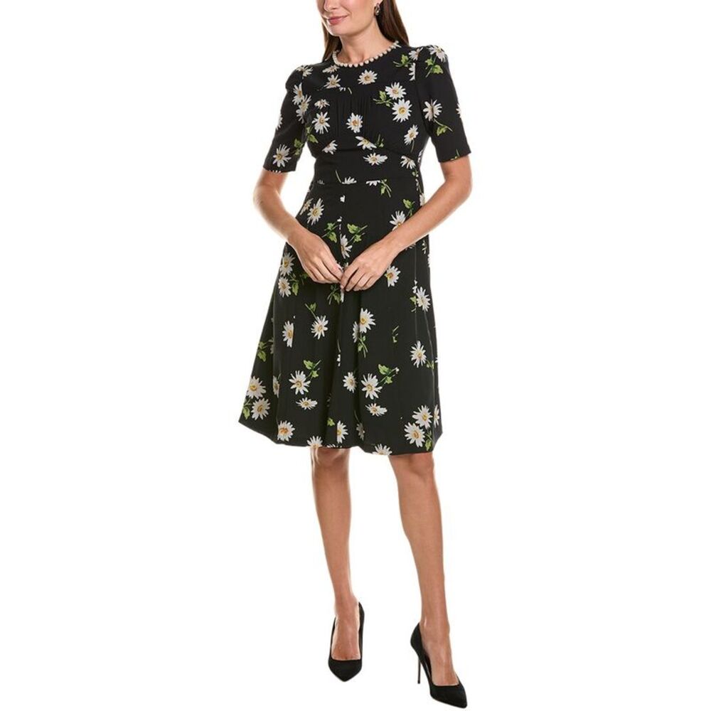 Teri Jon By Rickie Freeman Womens Crepe Daisy Print Pearl-Trim A-Line Dress,
